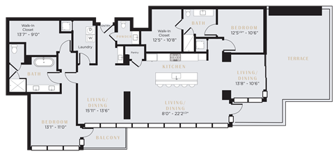 Floor plan for 2 beds, 2.5 baths, 2356 sqft